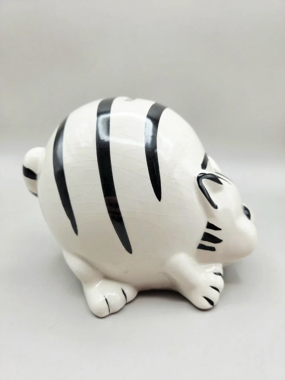 Pier 1 White & Black Striped Ceramic Fat Cat Figurine Bank